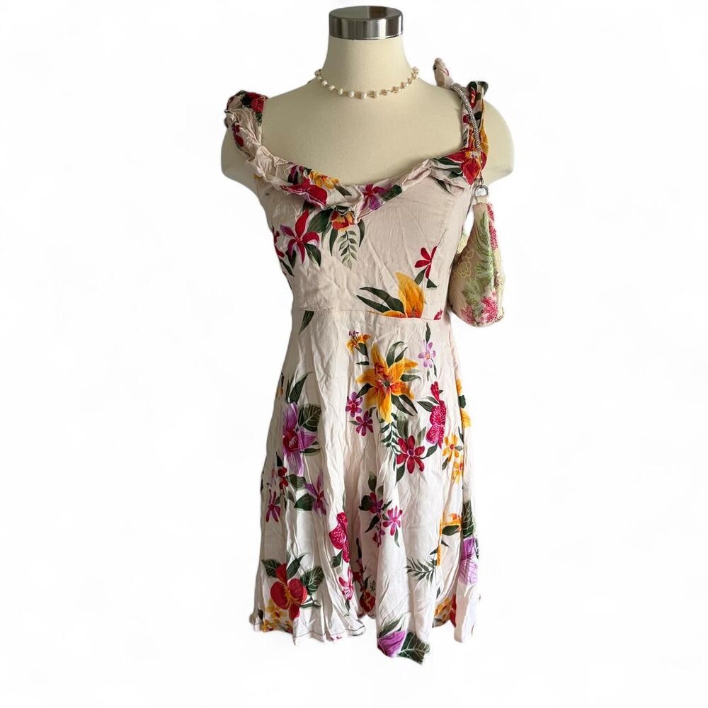 Old Navy Floral Mini Dress Small Petite Tropical‎ Babydoll Pockets Cream Pink